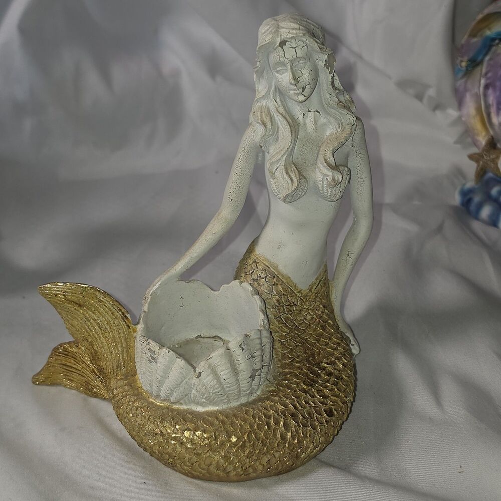 Mermaid Figurine Gold Tail Seashell Holder Coastal Nautical Beach Decor 6”